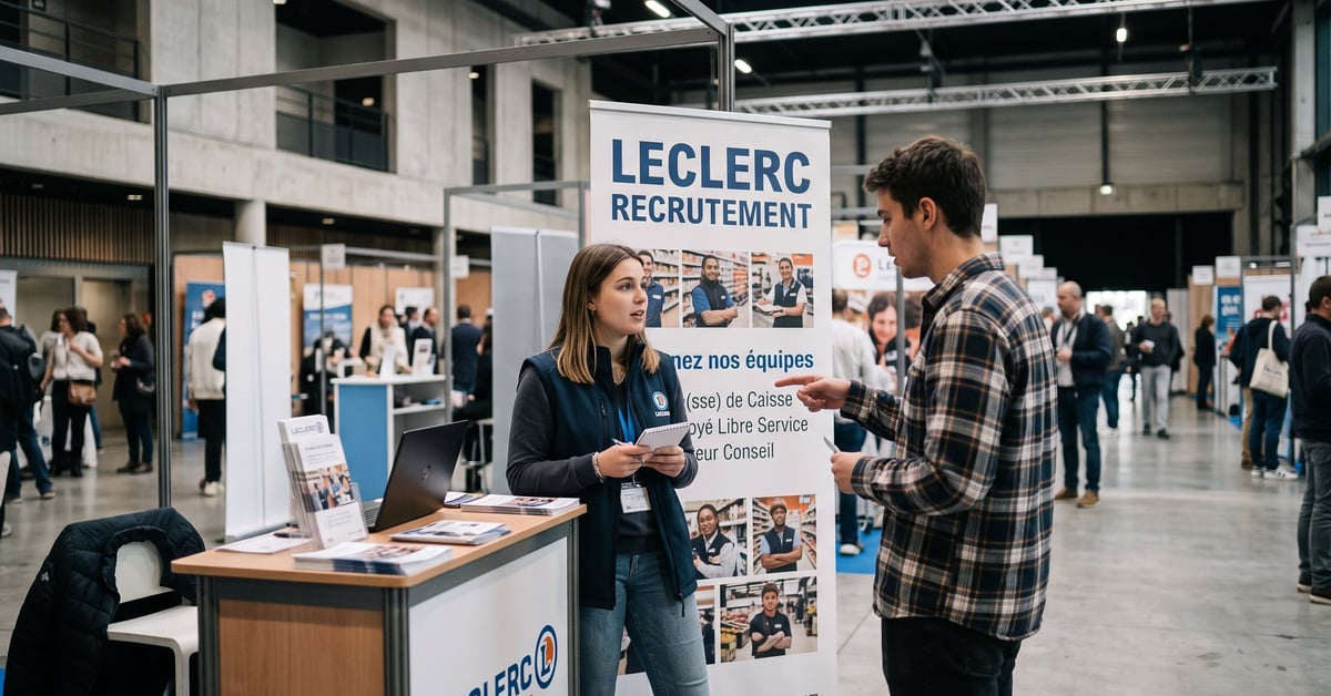 Leclerc recrutement : candidats en entretien d'embauche dans un hypermarché moderne