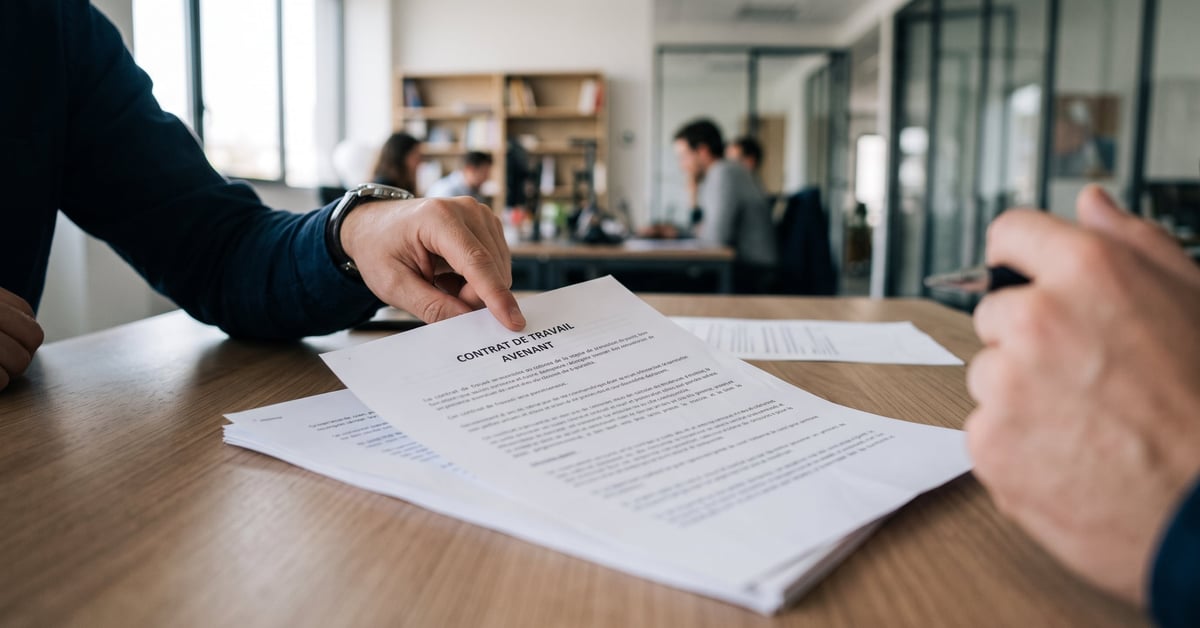Avenant au contrat de travail posé sur un bureau avec stylo et documents professionnels