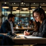 Fiche de paie fonctionnaire posée sur un bureau moderne, détails des rubriques de salaire visibles
