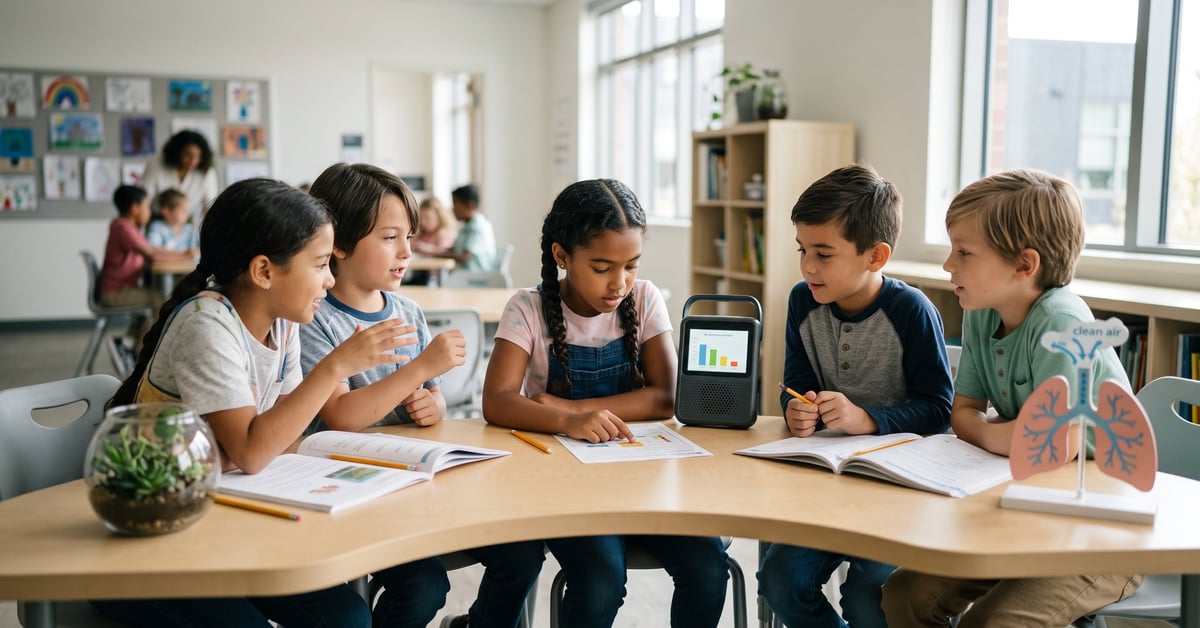 Qualité de l'air dans une salle de classe moderne avec élèves et enseignant en environnement éducatif sain