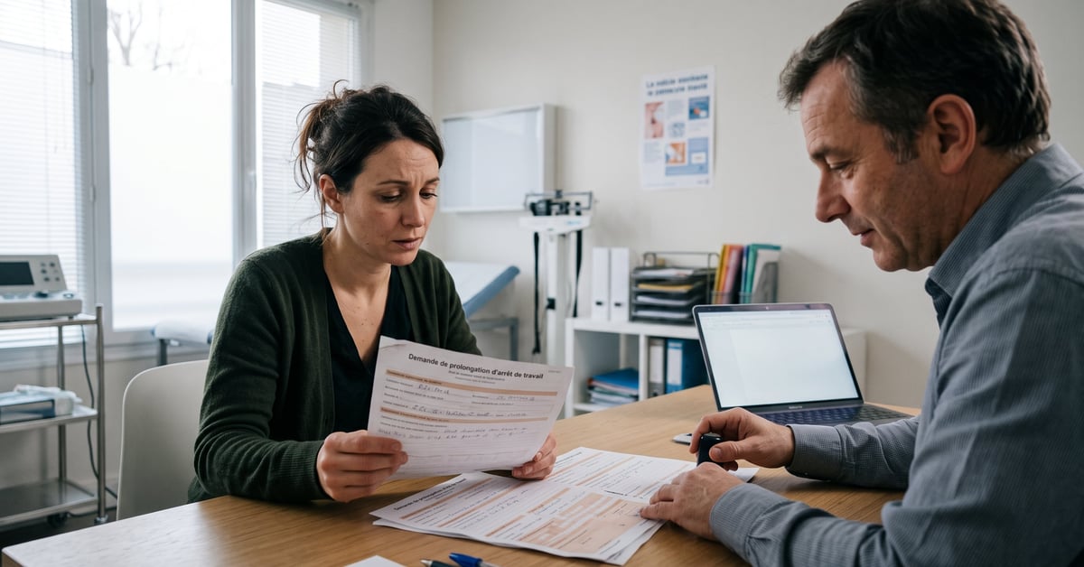 Prolongation arrêt maladie : patient au repos avec documents médicaux et ordonnance sur une table